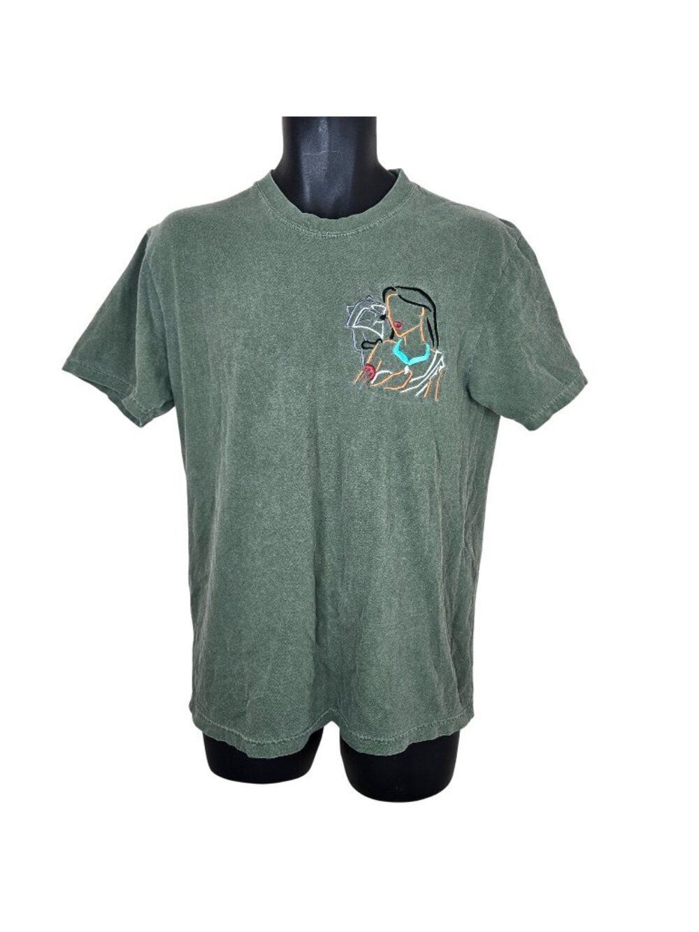 Vintage 90s Pocahontas Green T-Shirt Embroidered Mens Size M